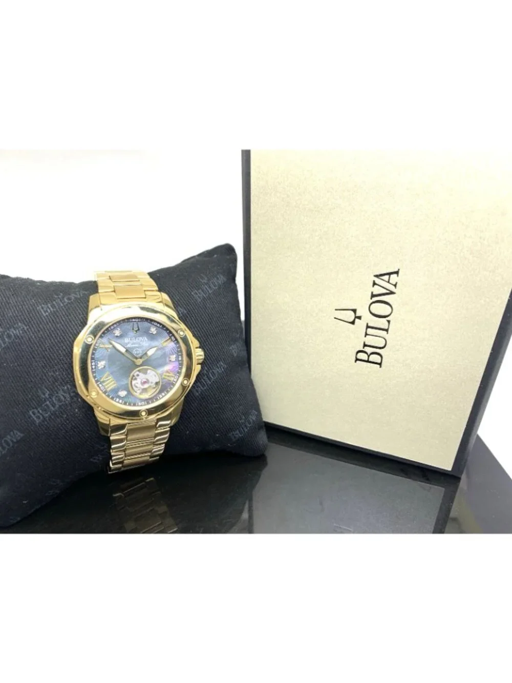 Bulova Women's Watch 97P171 Automatic Black Mother of Pearl Dial Gold Steel 35mm